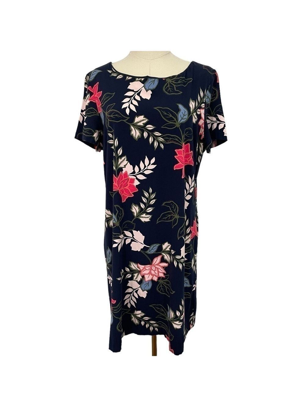 Reitmans Floral Dress Sz L Navy Blue Relaxed Fit Short Sleeve Sundress EUC